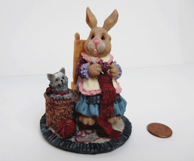 Rabbit Lady Figurine Sitting & Knitting w/Cat Beside Her in Basket 1996 Resin