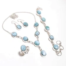 Natural Dominican Republic Larimar Gemstone 925 Silver Handmade Jewelry Set
