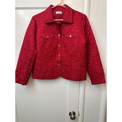 Laura Ashley Petite Red L Jacquard Button Front Jacket Print Textured Coat