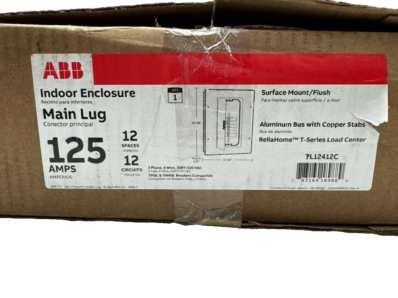 ABB 125 Amp 12 Circuits 12 Spaces 3 Phase Main Lug Load Center TL12412C (OB)