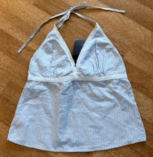 Brandy Melville Light Blue Stripe Lace Halter Top V-Neck Cami