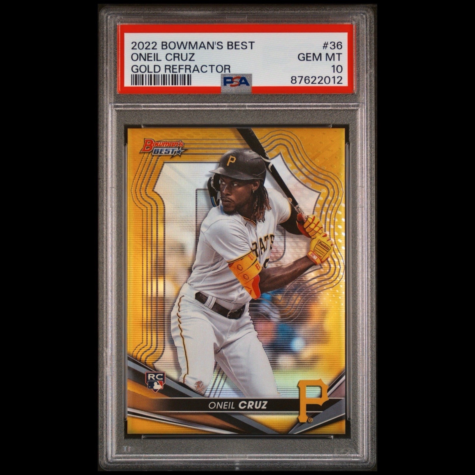 2022 BOWMAN ONEIL CRUZ ROOKIE GOLD REFRACTOR SSP /50 PSA 10 💎JERSEY # MATCH RC