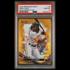 2022 BOWMAN ONEIL CRUZ ROOKIE GOLD REFRACTOR SSP /50 PSA 10 💎JERSEY # MATCH RC