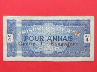 INDIA PIRSONER OF WAR (1942 46) 4 ANNAS RARO ESCASO ALTO BILLETE COLECCIONABLE