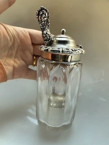 Antique STERLING SILVER Mustard Jelly Condiment Pot & Ladle Reed Barton British