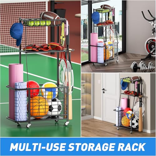 Stalen Sport Rek Rollende Bal Opslag Met Wielen Benutzer Definierte Sporta Us Rüstung Display Stand Organizer Moderne Yoga Matte Opbergwagen Ballen Sportbal Opslag
