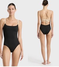 NEW BONDI BORN BIANCA LACE-UP BACK 1 PIECE SWIMSUIT BLACK  PORCELAIN SZ L