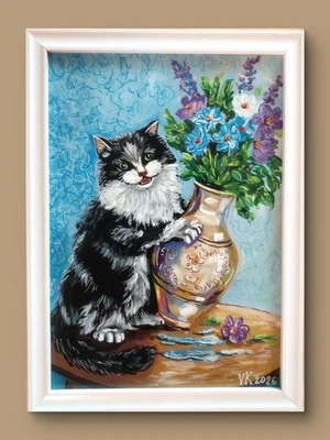 Original Katze Gemälde mit Rahmen A4 - Katzenbild handgemalt unikat- Wanddeko - Bild 1 von 4