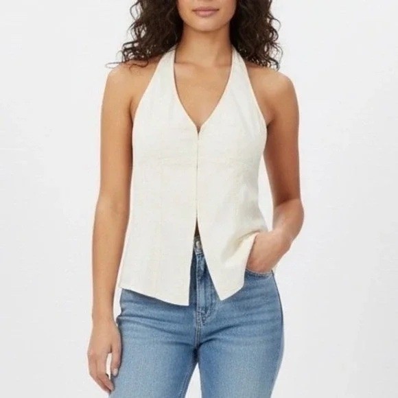 Urban Outfitters UO Sari Vest Women Small Off White Halter Neck Linen Hook & Eye