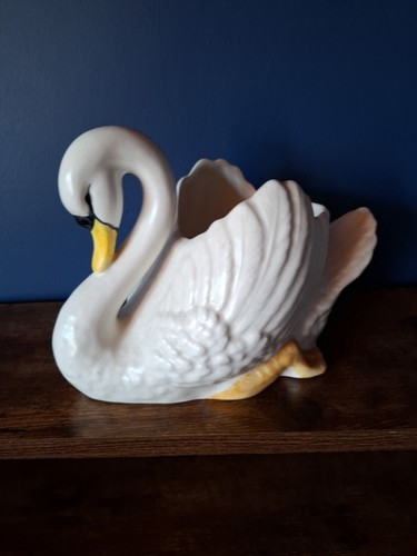 Vintage Sylvac Keramik Schwan Pflanztopf Ornament Blumenaufsteller selten weiß gelb - Bild 4 von 6