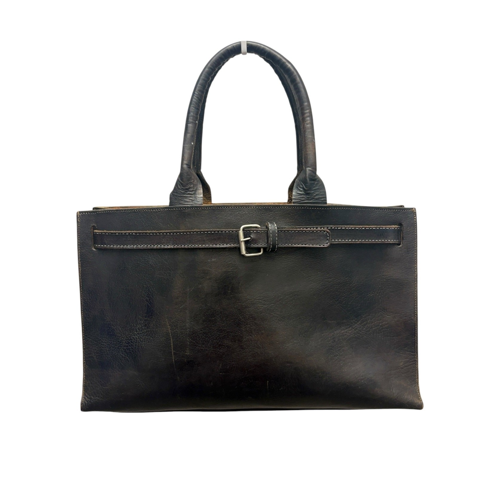 Dark brown leather minimalist buckle structured satchel tote