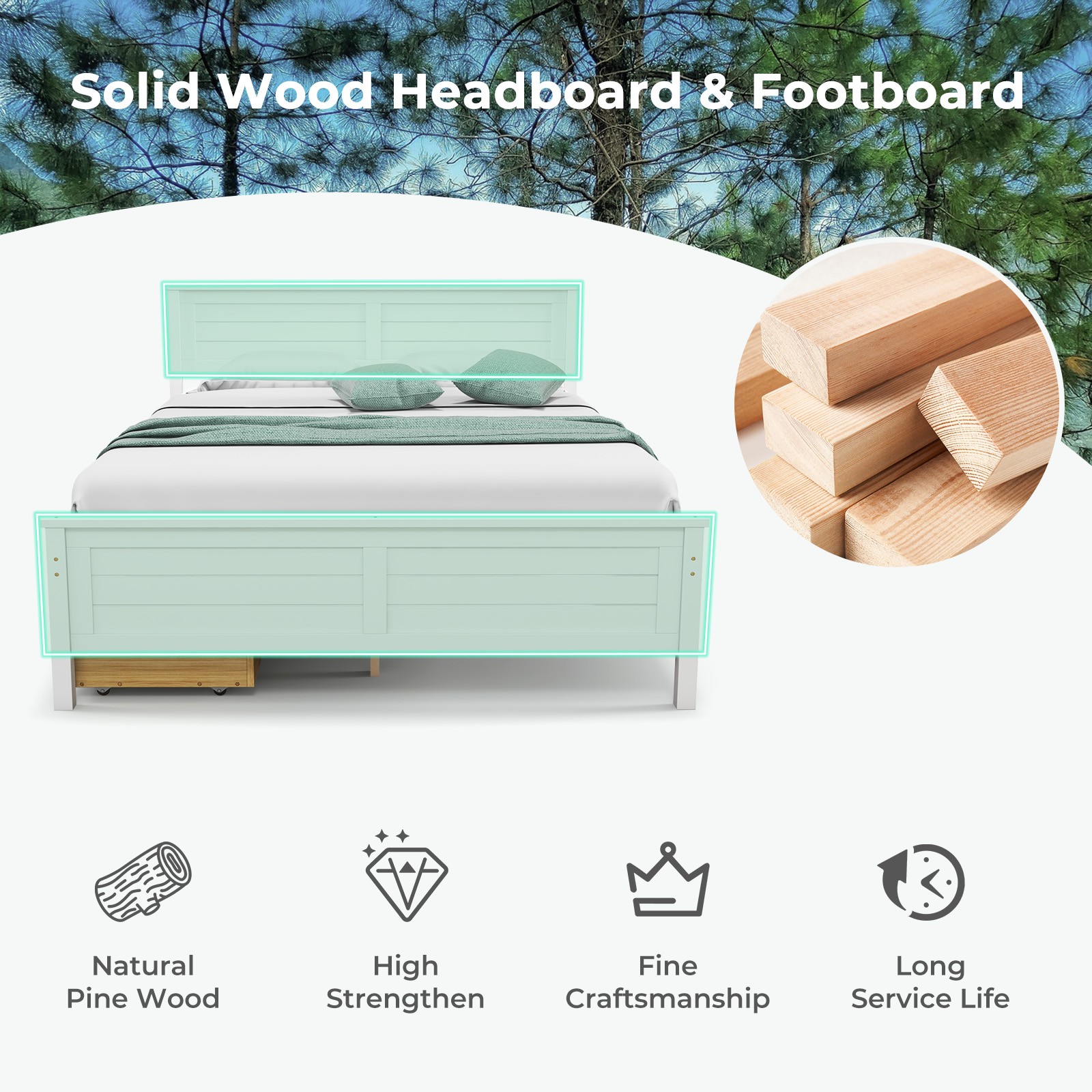 Full Wooden Platform Bed Frame with Two Storage Drawers Slats Support White