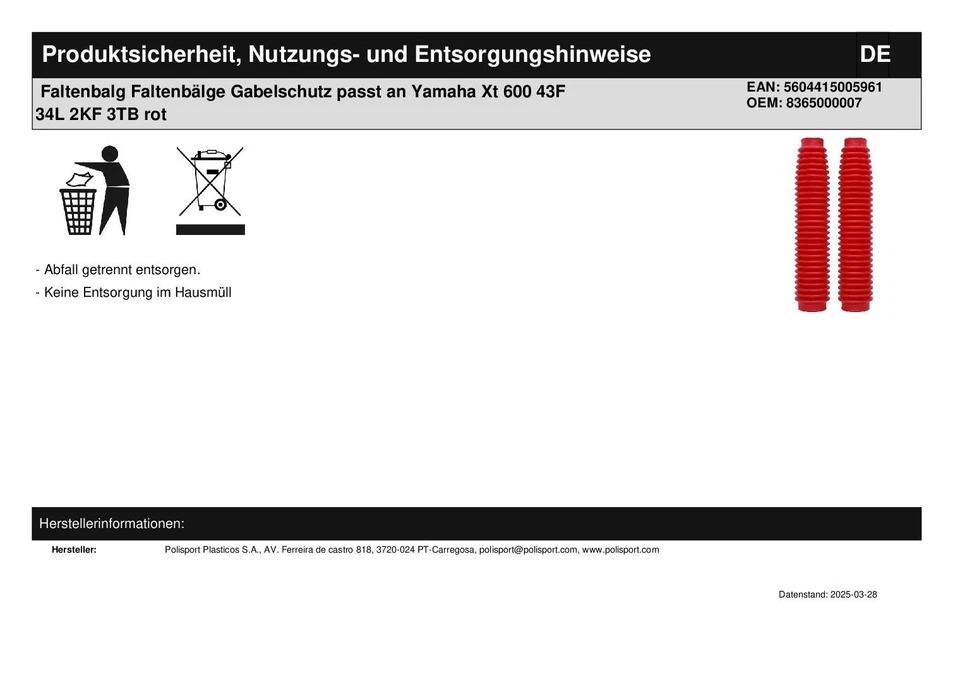 Soffietto protezione forcella adatto a Yamaha Xt 600 43F 34L 2KF 3TB rosso - Immagine 3 di 3