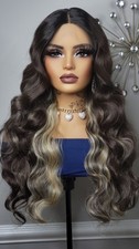 New Long Wavy Style Dark Brown Blonde Highlights Lace Front Wig Womens Hair Wigs