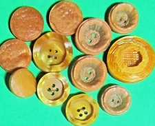 (12) BUTTERSCOTCH GOLD MID-CENTURY EARLY PLASTIC SHANK 2&4-HOLE BUTTONS-M967