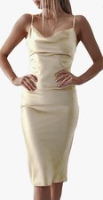 Gold Sleeveless Spaghetti Strap Cowl Neck Satin Midi Dress w/ Side Slit