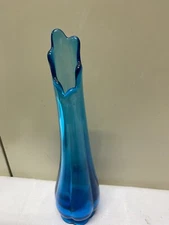 Vtg LE Smith Glass Blunique Simplicity Stretch Bud  Swung Vase 12 1/2" Blue