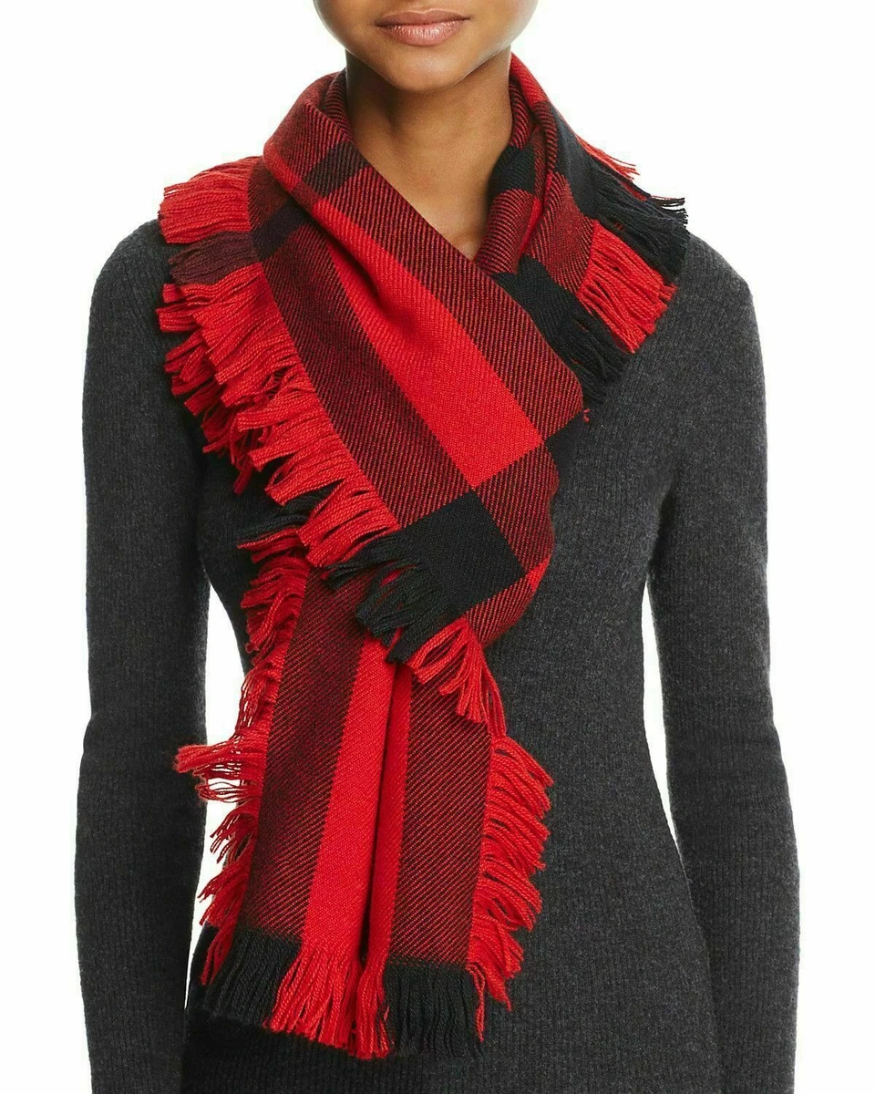 New Burberry Red Black Wool Half Mega Fashion Plaid Check Fringe