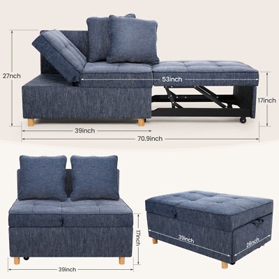 4-in-1 Convertible Sleeper Sofa Linen Fabric Loveseat Single Recliner for Dorm 