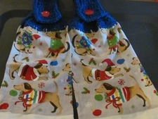 LOT OF TWO CROCHETED HANGING KITCHEN TOWELS DOGS DRESSED UP ON GRAY CHRISTMAS