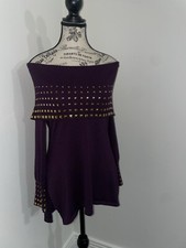 Questions Purple Off Shoulders Gold Tone Studded Sweater Dress, Size S-M