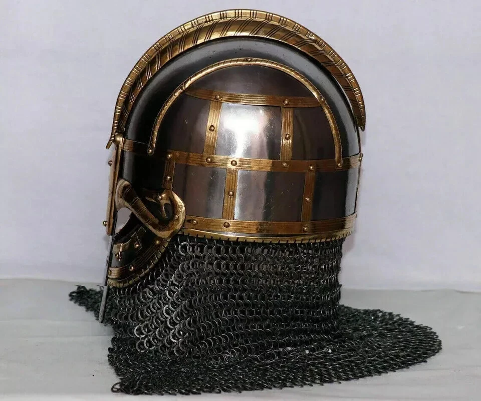 Casco de acero vikingo armadura casco medieval con cota de cadena forjado a mano calibre 20 Foto 3 de 4
