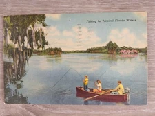 Linen Postcard Florida FL Family Fishing from Motor Boat Lake 1953 PM Tropical