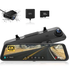 WOLFBOX Dual Mirror Dash 4K12'' Dash Cam Parking Monitoring Cameras Free SD