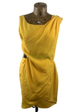 KAREN MILLEN DRESS 12 YELLOW Elastic Belt Greek Wrap Dip Hem Zip Blouson Short