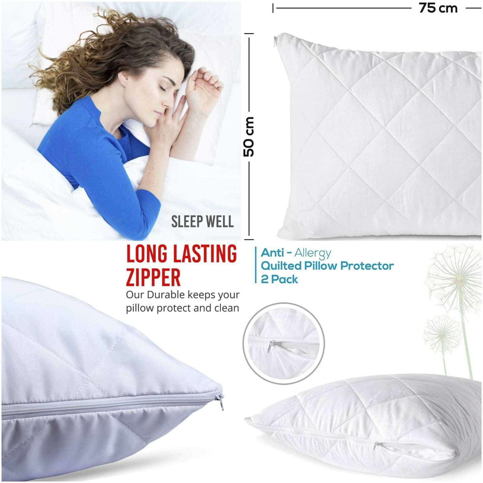 Quilted Waterproof Pillow Protectors Pair Zipped Pillows Covers Pack of 4 eBay