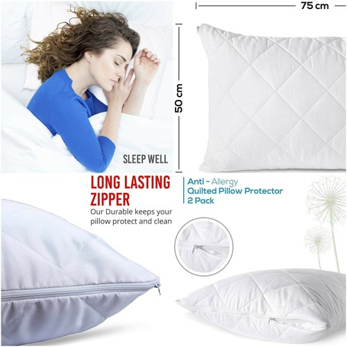 Quilted Waterproof Pillow Protectors Pair Zipped Pillows Covers Pack of