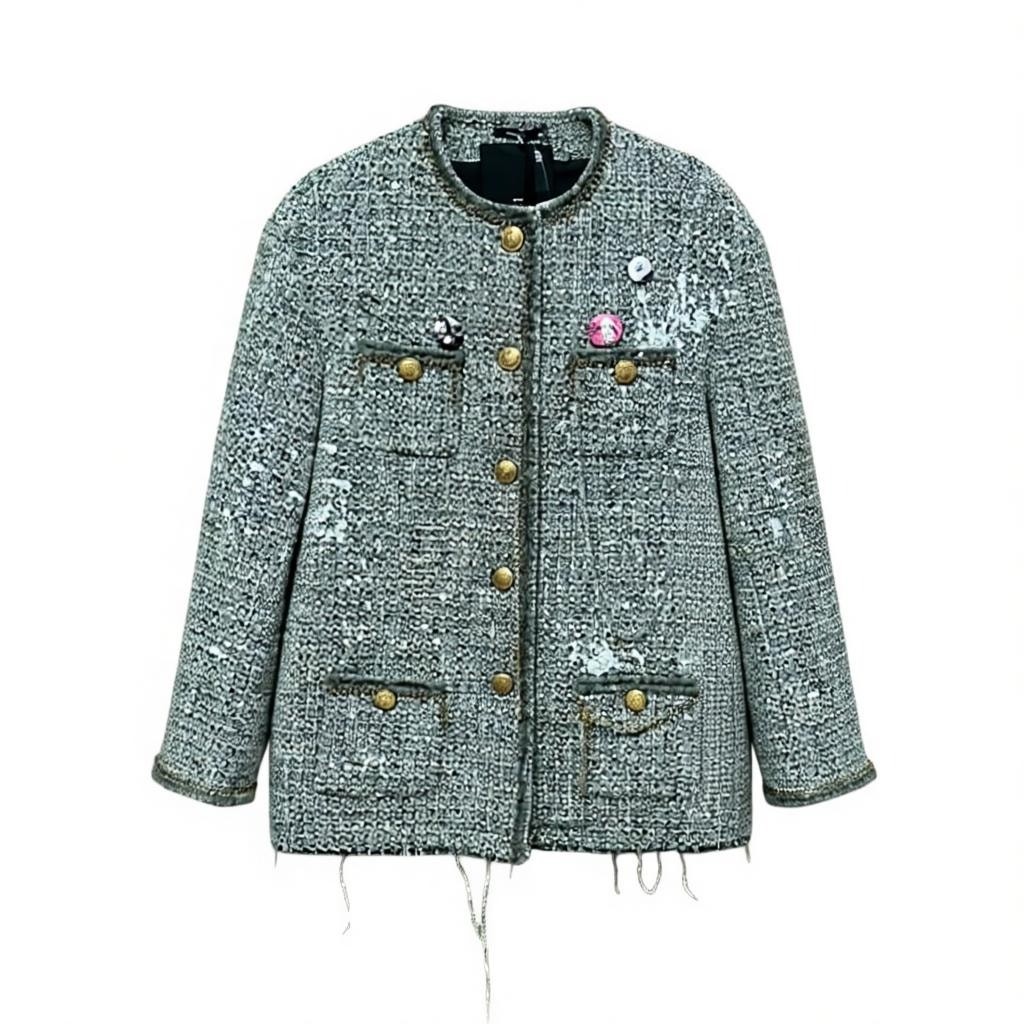 R13 Slouch Embellished Tweed Jacket Gray Oversized Size M