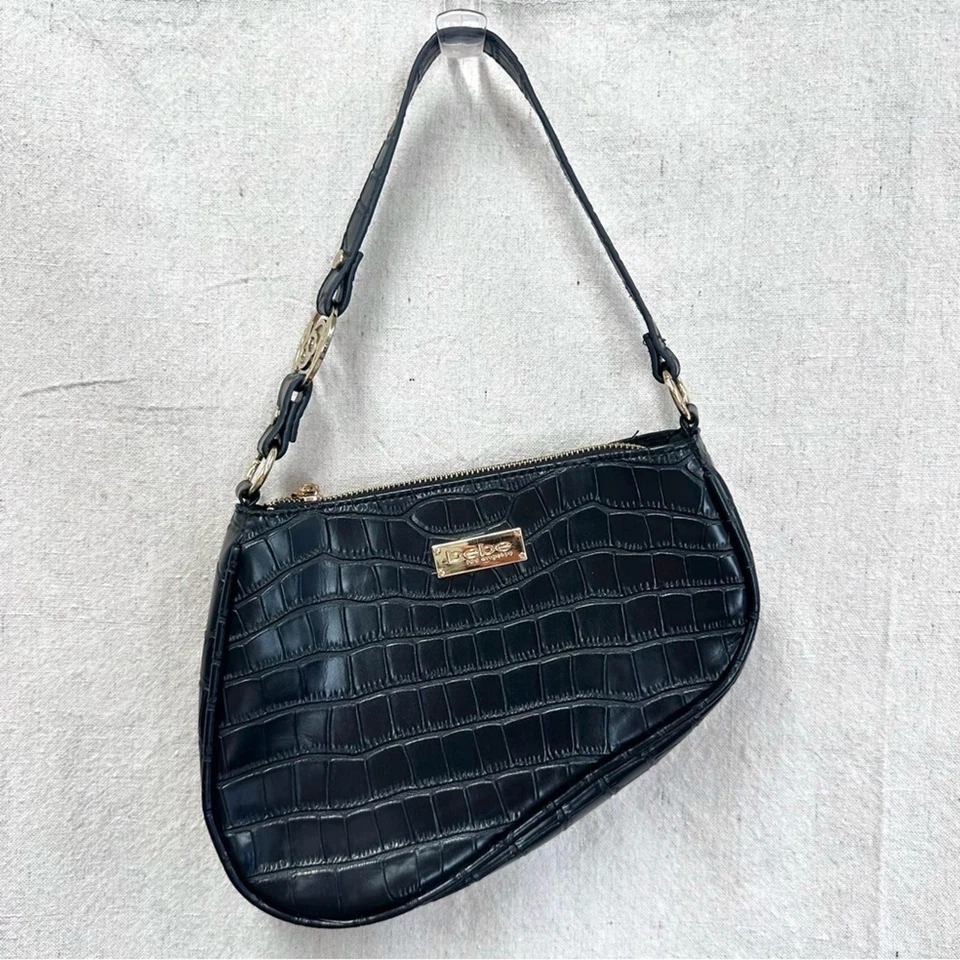 Bebe faux leather black croc Tara Mini Shoulder Hobo Saddle Bag - Image 3 of 4