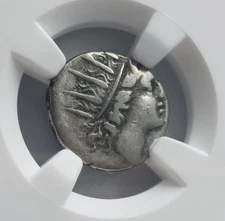 Ancient Greek Silver Drachm Coin 88- 84 BC Caria Rhodes Helios Rose, Zenon NGC F