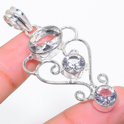 Handgefertigter weißer Topas Edelstein 925 Sterlingsilber Schmuck Anhänger...