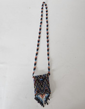 Vintage Handmade Zig Zag Glass Seed Bead Tiny Pouch Medicine Bag Tassel Necklace