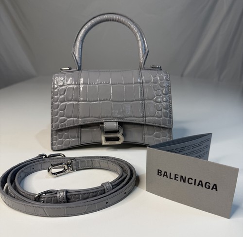 Authentic Balenciaga Hourglass XS Croc Embossed Top Handle Bag Grey W/ Dust Bag