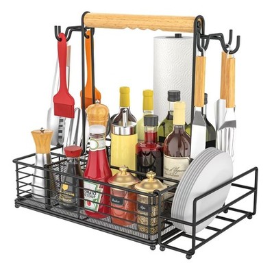 Large Grill Caddy with Paper Towel Holder & Side Hooks, All-in-One BBQ Tool O...