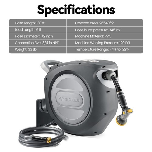 GLAHODEN Retractable Garden Hose Reel 1/2 in x 130 ft Upgraded UV Resistant H... - Picture 9 of 9