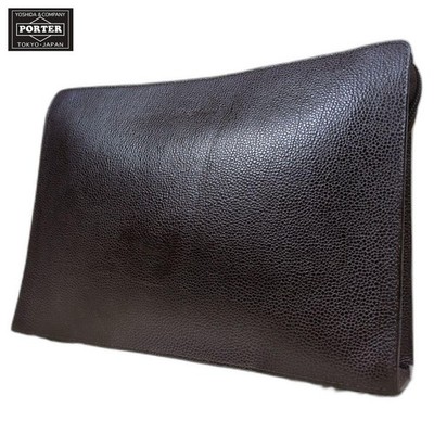 Porter Clutch Bag, Logo Embossed, Leather, Dark Brown Porter Stylish