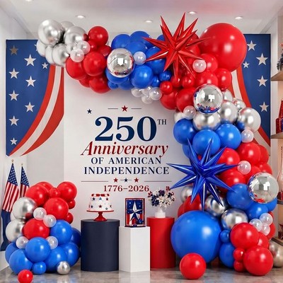 Red Blue Silver Balloon Arch Garland Kit, 4th July Patriotic 250th Anniversar...