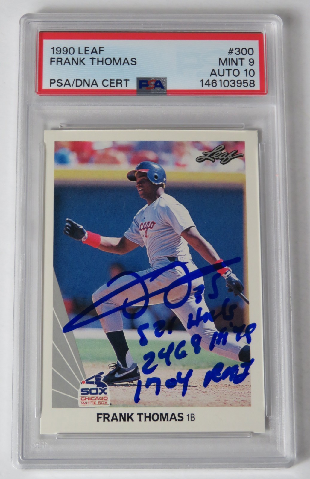 Frank Thomas HOF Signed Autograph 1990 Leaf Rookie Card 300 w/3 insc PSA 10 Auto view 1