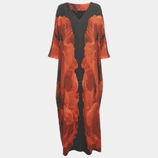 Alexander McQueen Black and Orange Floral Print Silk Maxi Dress M