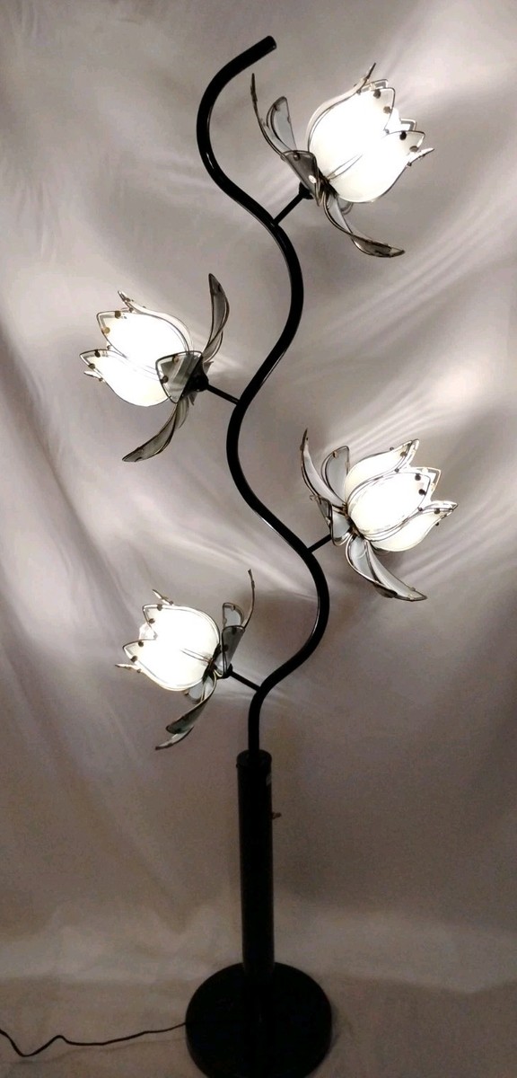 VTG HOLLYWOOD REGENCY BLACK LOTUS FLOOR LAMP 4 LIGHT 3 WAY 69