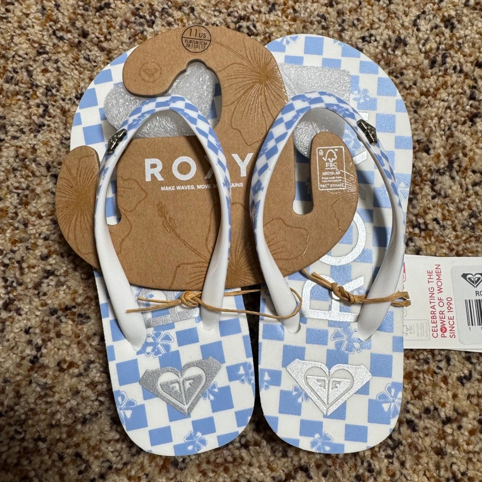 Sandalias chanclas Roxy Girl guijarros azules a cuadros niños talla 11 NUEVAS Foto 2 de 4