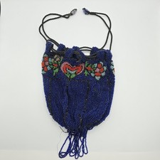 Antique Cobalt Blue Hand Beaded Drawstring Purse Floral Edwardian Era Bag READ