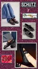 NIB! Schutz Sarita Studded Embellished Black Leather Flat Sz 7.5 FUNKY & COOL