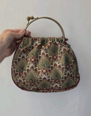 Vintage Boho Bag. Silk. Brass Handle. 8 Inches. Mint Condition