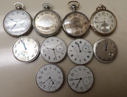 Antique Pocket Watch Movements 10 Asst Hampden, Elgin,Waltham. 7 to 21 jewels