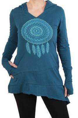 Longshirt Tunika mit Zipfelkapuze und Traumfänger Oberteil Ganzjahreskleid dr160
